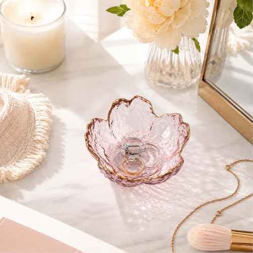 Pink Flower Jewelry Ring Dish Tray,Decorative Glass Trinket Dish,Room Decor Aesthetic, Modern Accent Tray for Vanity(Pink Gold Border) - Image 2