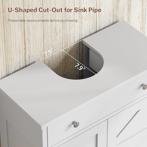 TEENFON Pedestal Sink Storage Cabinet with 2 Barn Doors and Drawer, Bathroom Sink Cabinet with U-Shape Cut-Out, Pedestal Sink Cabinet, White - Image 5