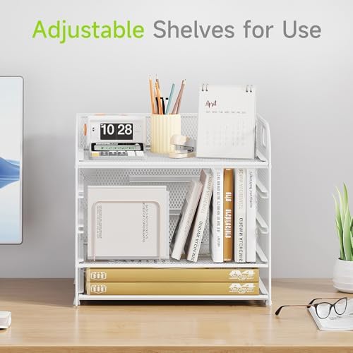 Cawukege 5 Tier Paper Organizer with Handle, White Metal Mesh Desk Organizer File Folder Paper Letter Tray Desktop Document Sorter for Classroom, School, Office Accessories Organization and Storage - Image 2