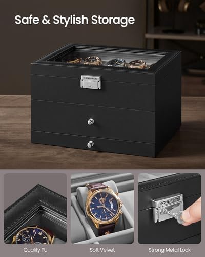 SONGMICS 20-Slot Watch Box, 3 Layers, Glass Lid, Lockable - Image 4
