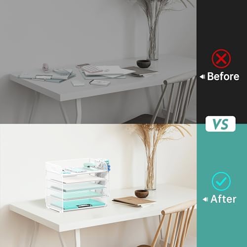 5-Tier Paper Organizer for Desk with Pen Holders, Letter Trays, White - Image 6