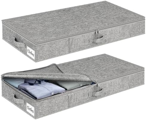Under Bed Storage Container Bins 2 Pack, 5 Inch Thin Low Profile Underbed Clothes Storage Organizer for Dorm & Home, Use for Blanket and Toy Storage Box W/ Sturdy Bottom/Sides, Foldable Thick Fabric by KUKIKAN