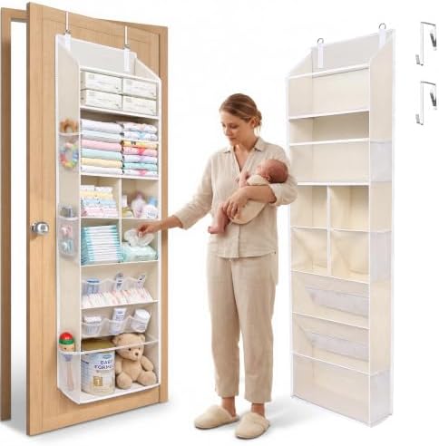 6-in-1 Over Door Hanging Organizer with 12 Mesh Pockets, 44 lbs Capacity, Warm Beige – Versatile Behind Door Storage for Baby Nursery, Newborn Essentials, Bedroom, Bathroom & Dorm by ORDOVIBE