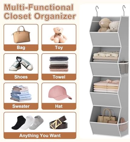 Hanging Closet Organizer 4 Shelf Collapsible Bedroom Closet Organizers and Storage Hanging with Mesh Pockets for Clothes, Fabric Hanging Storage Bins for Wardrobe Closet Organization and Storage, Grey - Image 6