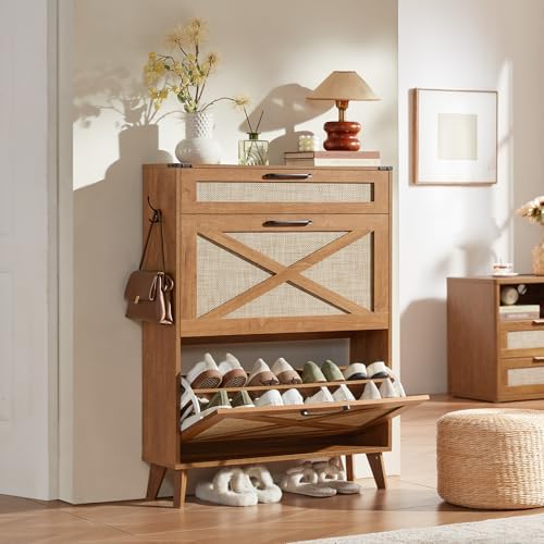 LEYAOYAO Rattan Shoe Cabinet Storage for Entryway with 2 Flip Drawers - Image 3