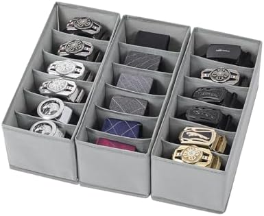 3 Packs Fabric Belt Organizer for Closet and Drawer, Foldable 6 Grids Dresser Drawer Organizers, Belt Tie Holder, Tie Box-Grey by Coorganisers