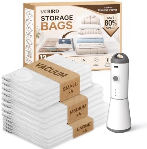 Vacbird Travel Vacuum Storage Bags with Rechargeable Cordless Pump, 12 Pack Vacuum Seal Bags for Clothing(4 Large+4 Medium+4 Small), Compression Packing for Clothes Suitcase Luggage Blanket Pillows by VACBIRD