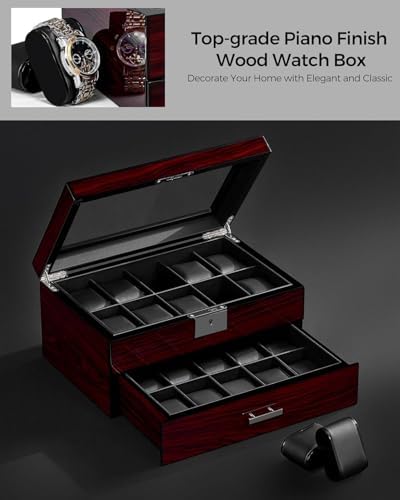 ANWBROAD Watch Box 20-Slot Wooden Watch Case Organizer with Large Glass Lid - Image 6