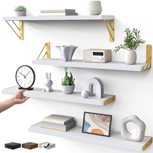 BAYKA Wall Shelves for Bedroom Decor, Wood, White and Gold, Set of 4, 23in by Bayka