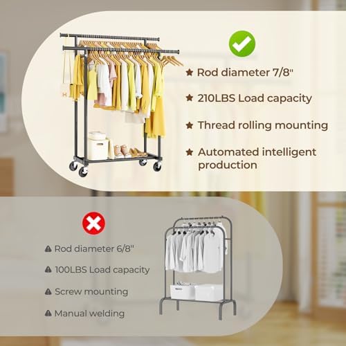 HYSEYY Double Rods Clothes Rack, Rolling Clothing Rack for Hanging Clothes Portable Wardrobe Rack, Metal Garment Rack Sturdy Coat Rack for Bedroom Laundry Living Room, Black - Image 5