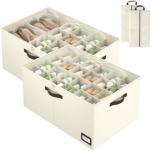 OIAHOMY 2 Pack Shoe Organizer for Closet, Large Foldable Shoe Storage Bins with Dividers and Reinforced Handles, Each Clear Cover Sneaker Box Fits Up to 24 Pairs for Entryway and Bedroom, Beige by MasterofSpaceOptimization