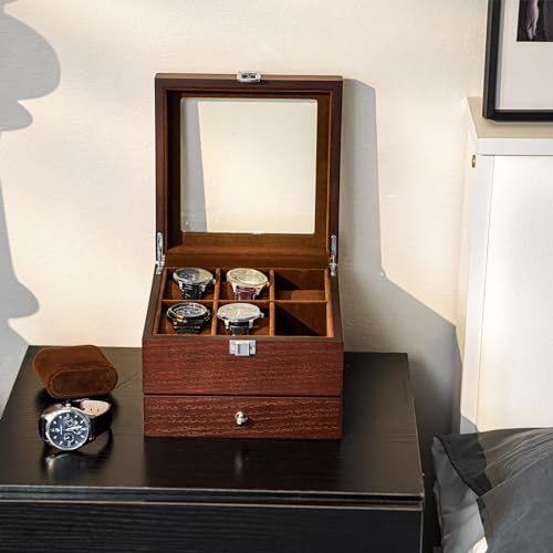 ProCase 6 Slots Lacquered Finish Wooden Watch Box for Men, Men’s Watch Organizer with Glass Top, 2-Tier Display Case for Wristwatch Storage, Valentine’s Day Gift for Him, Father’s Day Gift -Espresso - Image 6