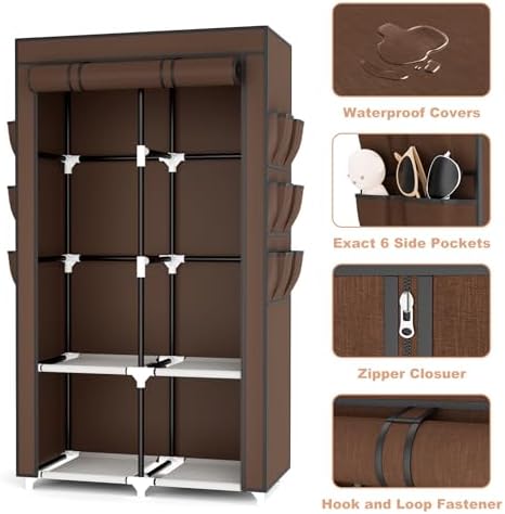VTRIN Portable Closet Wardrobe for Hanging Clothes with 4 Storage Shelves, 2 Hanging Rods and 6 Pockets, Stable and Easy Assembly Clothes Rack with Cover Free Standing Closet, Brown - Image 4
