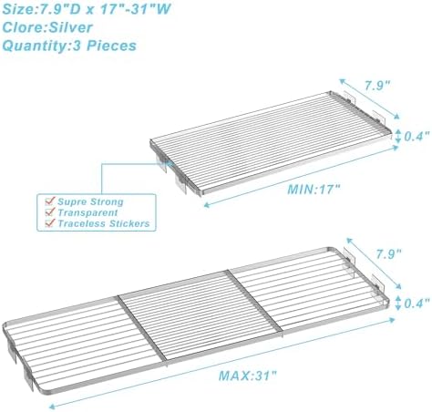 Rod Closet Shelves,Expandable-Large Metal Storage Racks,3 Packs DIY Dividers Separators for Cabinet Wardrobe Cupboard Pantry Kitchen Bathroom (Silver,7.9" D x 17"-31" W,3PCS) - Image 3