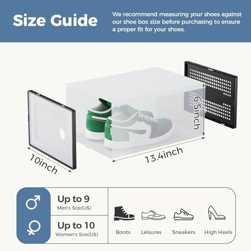 DUMOS Shoe Storage Boxes, 12-Pack Stackable Clear Shoe Containers with Lids, Display Sneaker Case Organizer for Closet, Under Bed, Entryway, Black, Fit Size 11 - Image 2
