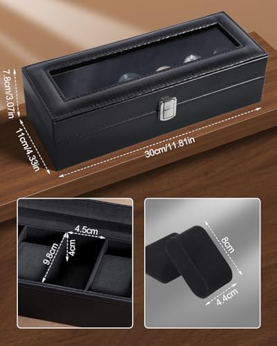 Uten Watch Box 6 Slots, Watch Case Organizer with Glass Lid, All Black - Image 4