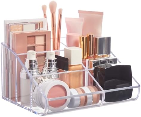 STORi Clear Plastic Vanity Makeup Organizer | 6-Compartment Holder for Brushes, Eyeshadow Palettes, & Beauty Supplies | Curved Front Design | Made in USA by STORi