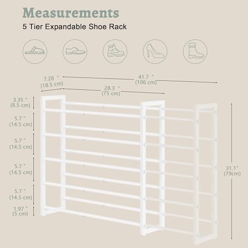 FAVOOSTY 5-Tier Expandable Shoe Rack, Adjustable Shoe Shelf Storage Organizer Space Saving Metal Free Standing Shoe Rack for Entryway Closet Doorway, White (White, 5 Tier) - Image 3