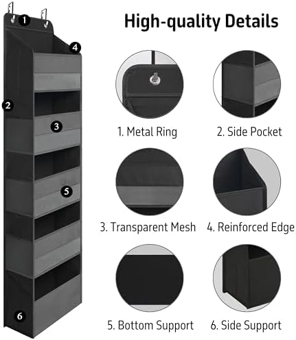 TYMENSH Black Over Door Organizer with 5 Large Clear Pockets and 6 Side Mesh Pockets, Anti-Tilt Hanging Door Storage for Closet, Bathroom, Nursery, Bedroom, Dorm, Toys, Cosmetics - Image 3