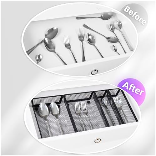 Mesh Tray Silverware Drawer Organizer, Utensil Cutlery Tray Office Supplies with Interlocking Arm Drawer Dividers Organizer for Flatware, Knives,Home,Office, School,Bedroom 9X6＂Black - Image 2