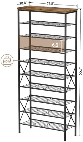 10-Tier Tall Shoe Rack, Large Capacity Shoe Shelf Holds40-45 Pairs, Shoe Shelf for Entryway, Hallway, Living Room, Rustic Brown - Image 3