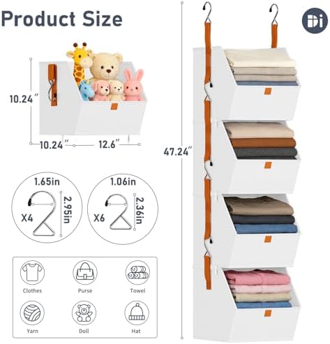 DIMJ Hanging Closet Organizer - 4 Tier Collapsible Hanging Shelves with Hooks Zipper, Fabric Clothes Organizer, Space-Saving Storage Bin Basket for RV, Bedroom, Laundry Organization - Image 3