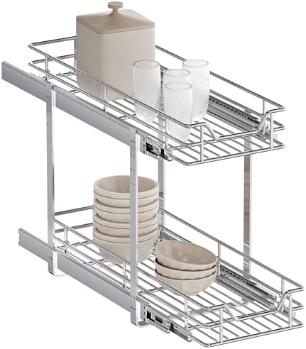 2-Tier Pull Out Cabinet Organizer, 10.5" W x 21.5" D, Heavy Duty Dual Slide Out Shelves for Narrow Base Cabinets, Chrome Wire Basket Drawer for Spices, Bottles & Snacks by Unknown