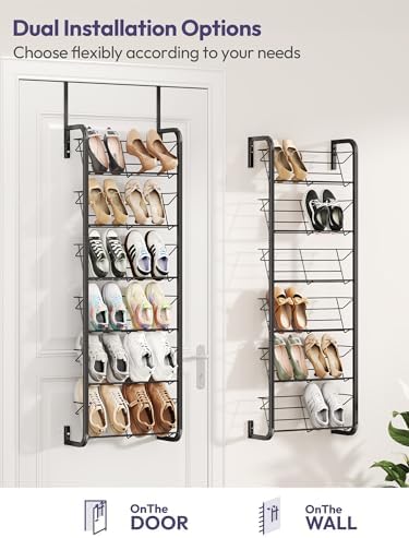 SWTYMIKI Over the Door Shoe Organizer - 6 Tier Wall Mount Shoe Rack for Door Storage- Heavy Duty Metal Hanging Shoes Shelf for Flats, Heels, Sneakers, Boots Black - Image 5