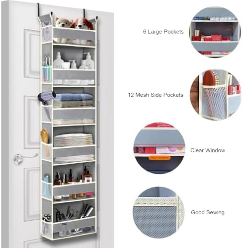Over The Door Organizer 6-Shelves and 12 Side Pockets, Over The Door Storage for Bathroom Bedroom Nursery, Hanging Door Organizers for Baby Diapers and Kids Toys (13"x5"x54", Grey) - Image 4