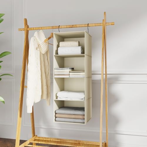Hanging Closet Organizer 4-Shelf, Oxford Fabric Wardrobe Storage, Beige - Image 2