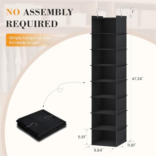 YOUDENOVA Upgraded Extra Wide Hanging Shoe Organizer for Closet, 8-Shelf Storage Organizer with 8 Side Pockets, Hanging Shoe Rack for Hats Clothes Jeans, 2 Packs, Black - Image 4