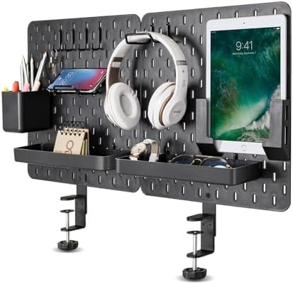 EHO Clamp-On Desk Pegboard, 2Pack (Combined Size 27 x 14 inch) Privacy Divider, Desk Partition Panel, No-Drill Desk Mounted Peg Board Organizer for Office, Gaming, Home, Black by EHOPrime