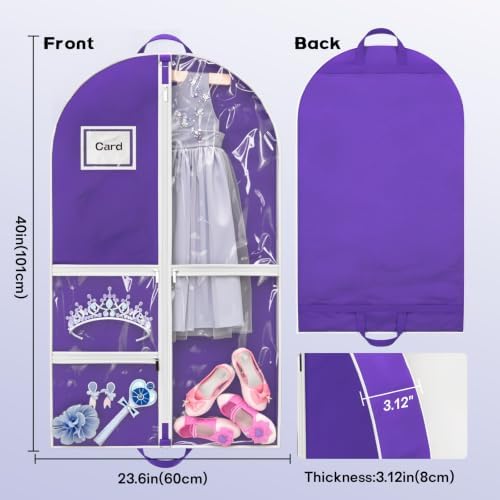 Dance Garment Bag for Hanging Clothes with 3 Zipper Clear Pockets Dance Accessories Essentials Uniform Costume 40 Inch Dress Bags for Dance Competition (Purple White, 2Pack 40") - Image 6