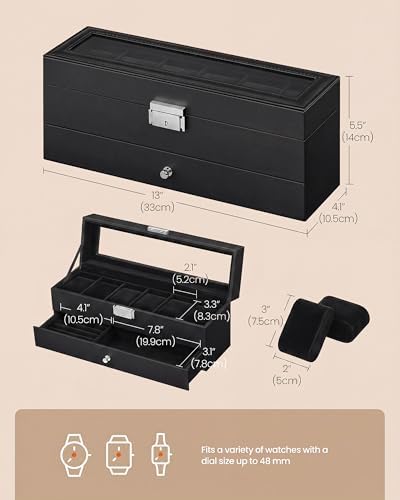 SONGMICS HOME Watch Box, PU Watch Case Organizer with Glass Lid, Removable Pillows, Metal Hardware, Lockable, 6 Slots, Black - Image 6