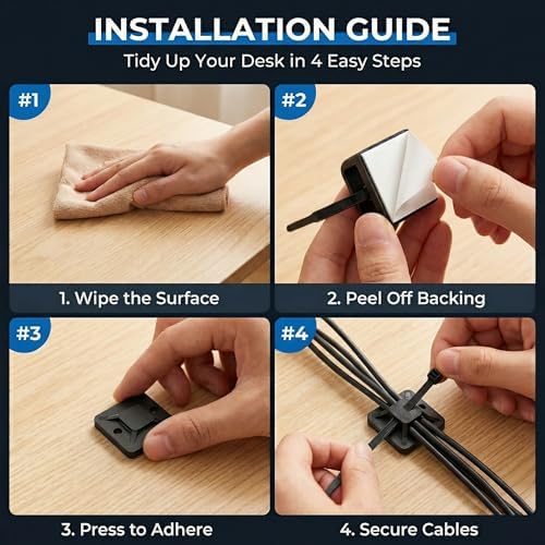 Zip Tie Mounts - SeuYeugX 100PCS Cable Self Adhesive Mounts Set for Wire Management with Stick Pads Anchors Clips Squares Holders (Black) - Image 3