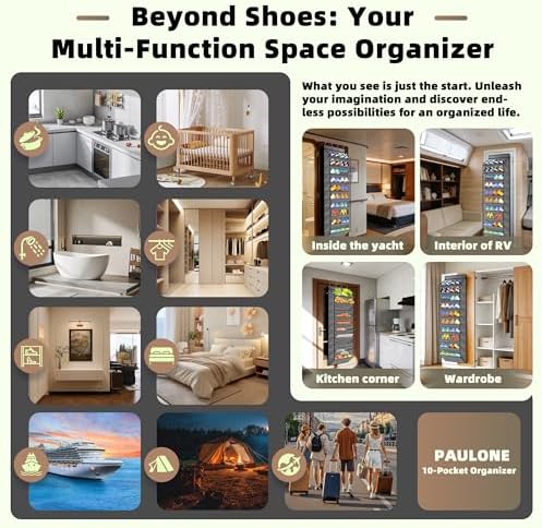 PAULONE 10-Pocket Multi-Use Over the Door Organizer, Heavy Duty 95lbs Capacity with Breathable Mesh, Versatile Hanging Storage for Shoes, Toys, Office Supplies-Classic (Slate Grey, 10-Shelf,) - Image 6