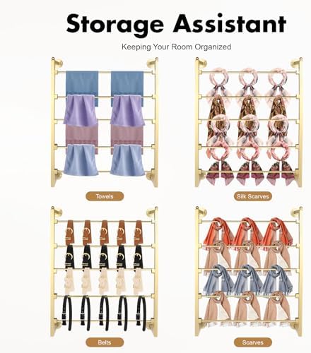 5 Tier Wall Mounted Tie Rack Scarf Display Stand Belt Pants Hangers Scarves Hijab Stand, Towel Rack Ribbon Holder,Wrapping Paper Spool Storage for Retail,Store (Gold, 5 Tier 23.6x29.5in) - Image 3