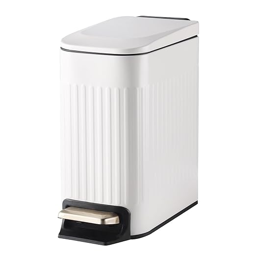 SYNCVIBE Slim Bathroom Trash Can with Lid Soft Close, Stainless Steel Garbage Can Step Trash Bin with Removable Inner Bucket for Bedroom, Office, Kitchen (Matt White, 1.8 Gallons)
