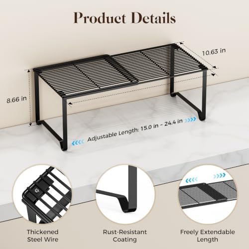 Extendable Metal Wire Shelf Organizer - Adjustable 15-24.4in Length, Stackable Storage Rack for Kitchen/Pantry/Bathroom/Shoe Cabinet/Tool Closet (2,Black) - Image 2