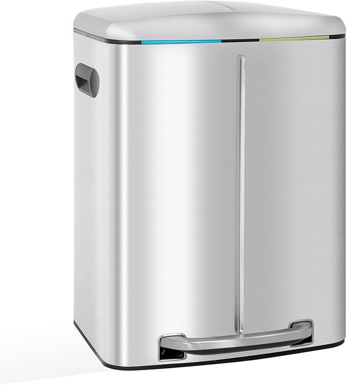 FDW | 10 Gallon Trash Can with Lid | Stainless Steel | Fingerprint-Proof | Made of Stainless Steel | Soft-Close Step Pedal | Hands-Free Use | Easy to Clean | for Kitchen, Office, Bathroom