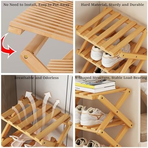 5 Tier Foldable Shoe Rack, Bamboo Vertical Shoe Organizer Tall for Multifunctional Narrow Shoe Shelf for Entryway, Closet, Corner, Bedroom, Hallway(Natural) - Image 4
