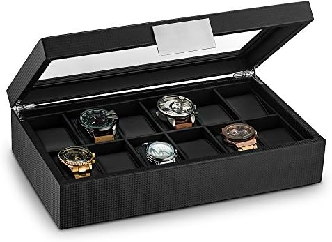 Glenor Co Watch Box for Men - 12 Slot Luxury Carbon Fiber Design Display Case, Large Holder, Metal Buckle - Black by GlenorCo