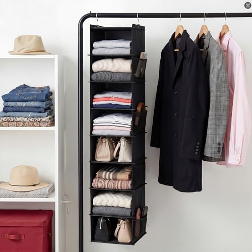YOUDENOVA Upgraded Extra Wide Hanging Shoe Organizer for Closet, 8-Shelf Storage Organizer with 8 Side Pockets, Hanging Shoe Rack for Hats Clothes Jeans, 2 Packs, Black - Image 3