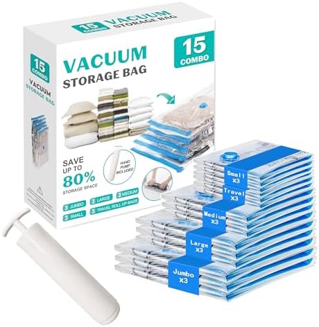 15 Pack Vacuum Seal Bags for Clothing &Travel, Space Saver Vacuum Storage Bags for Blankets,Luggage,Clothes,Comforter, Hand Pump Included (3 Jumbo,3 Large,3 Medium,3 Small,3 Roll） by ZOESTORAGE