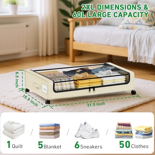 Beborxue Under Bed Storage with Wheels, 2-Pack Under the Bed Storage Containers with Lids, XXL 60L Under Bed Shoes Storage Organizer Bins, Rolling Underbed Storage for Clothes, Shoes, Blankets (Beige) - Image 3