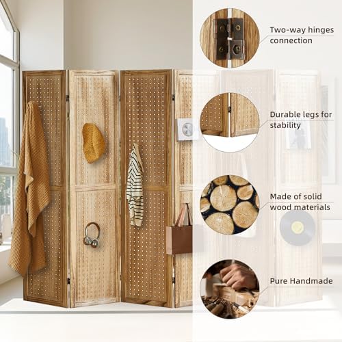6 Panel Pegboard Display with 24 Hooks, Pegboard Room Divider and Folding Privacy Screens, Partition Room dividers, Wooden Room Divider Wall, Jewelry Store, Bedroom, Balcony, Light Brown - Image 3
