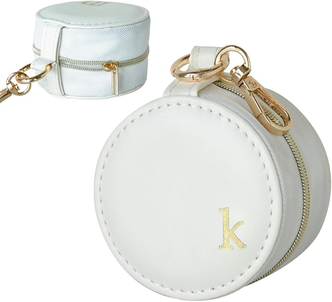 COLLECTIVE HOME - Monogrammed Letter Jewelry Case, Portable Travel Ring Holder Box with Keychain, Personalized Initial Organizer for Earrings Necklaces, Gift for Her (White-k)