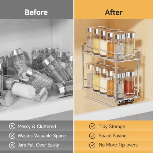 MUDEELA Pull Out Spice Rack for Inside Cabinet, 2 Tier Chrome Spice Organization for Cabinet, Vertical Sliding Out Spice Rack Organizer for Seasoning, 10.4''D×4.8''W×9.3''H - Image 7