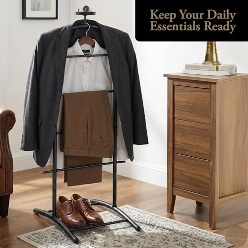 Kings Brand Freestanding Metal Suit Valet Stand with Tie Bar, Black - Image 7