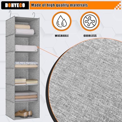 Hanging Closet Organizer 6-Shelf, Oxford Linen Wardrobe Storage, Gray - Image 4